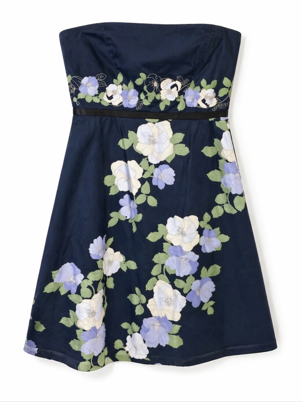 LOFT Strapless Floral Dress Navy Blue A Line Summer Wedding Guest Size 12